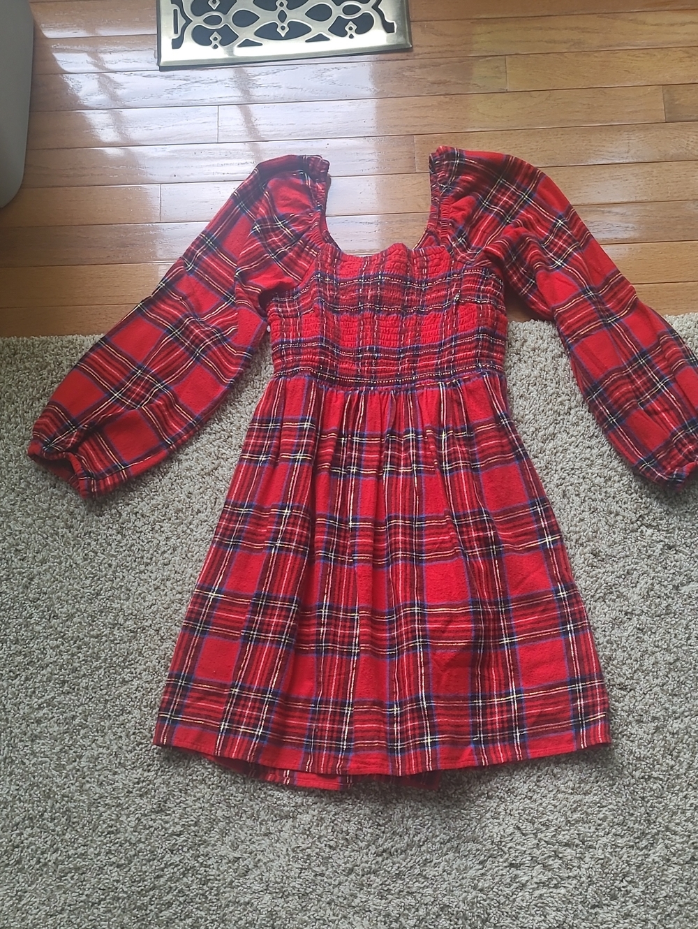 Girls Red Plaid Smocked Dress with Puff Sleeves
